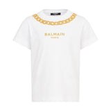 T-shirt bianca bambina con catena dorata e logo | Balmain Kids